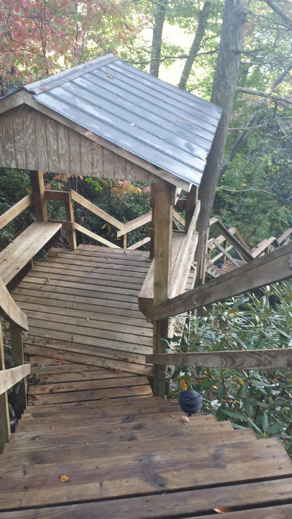 Metal roofed shelter over wooden steps on a wooded walkway — Skylight Repair & Installation work by our crew in Arbovale
